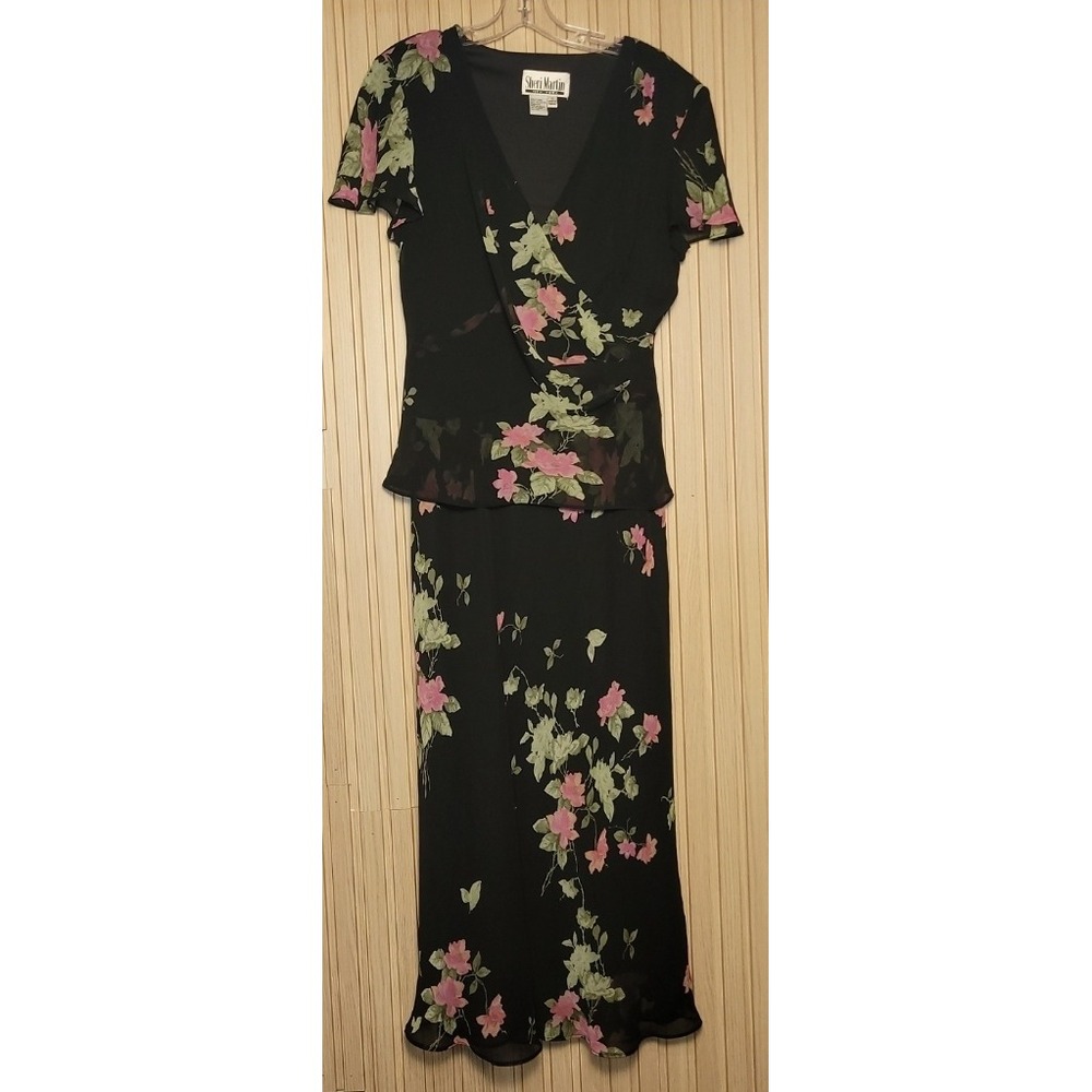 Sheri Martin NY Black Pink Floral Chiffon Maxi Dress V-Neck Faux Wrap 24427